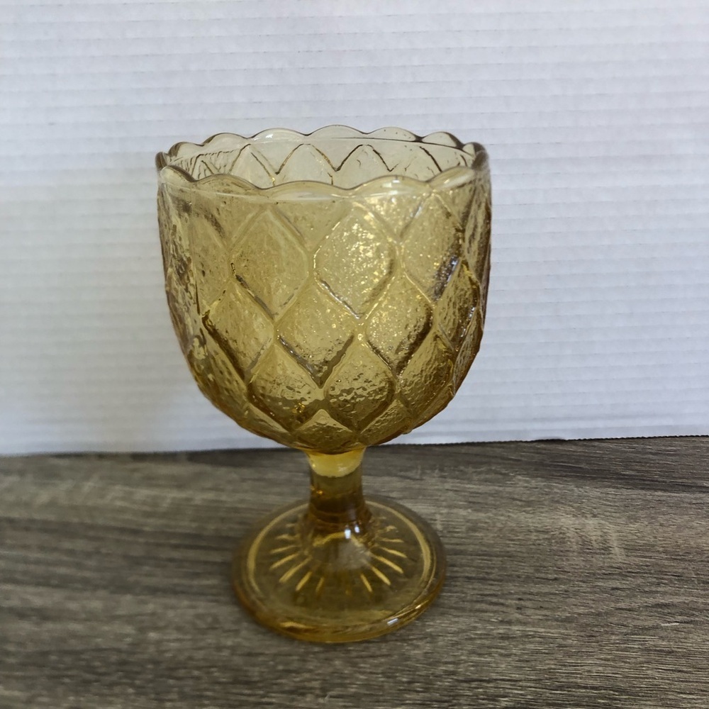 Vtg Quilted Amber Glass Goblet